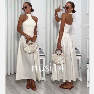 ZARA NEW WOMAN MIDI COMBINATION HALTER DRESS OPEN-BACK ECRU 4174/202 MEDIUM M